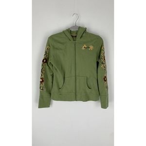 DKNY Active Women's Green Zip Up Hoodie Jacket Embroidered Floral Size Large
